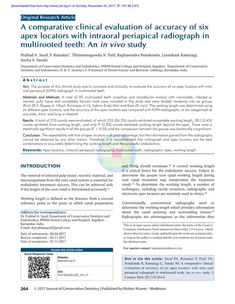 A comparative clinical evaluation of accuracy of six apex locators .